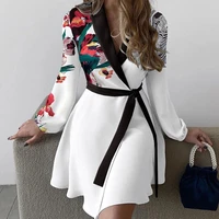 lady black white flower print clothing v neck lacing casual elegance comfortable long sleeve patchwork dress female office lady