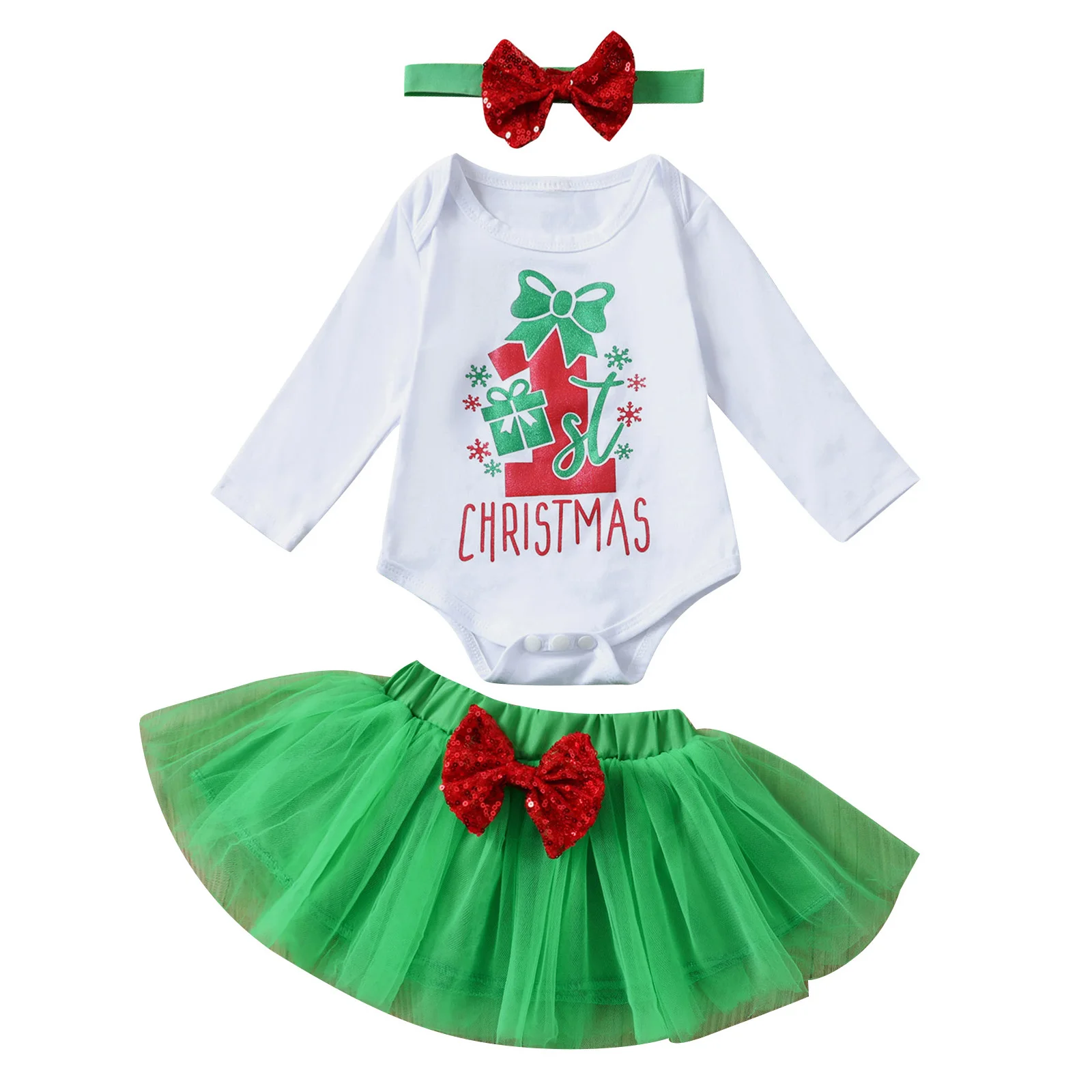 

Baby Girl\u2019s Outfits Three Piece Suit Christmas Letter Romper and Bow Gauze Skirt with Headband