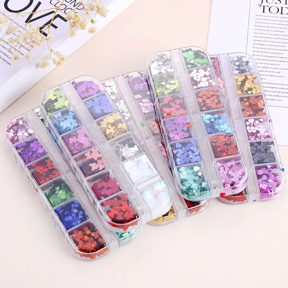 

12 Grids 3D Love Heart Butterfly Flakes Nail Art Glitter DIY Laser Ultra Thin Sequins Holo Decor Decoration for Design Manicure