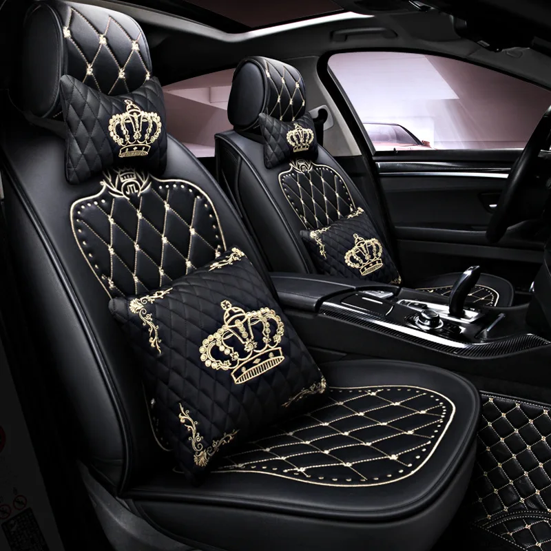 

10Pcs Car Seat Cover Set Embroidered Crown Leather Plush Diamond Style Soft Front Rear Protector Cushion New Arrival Four Season