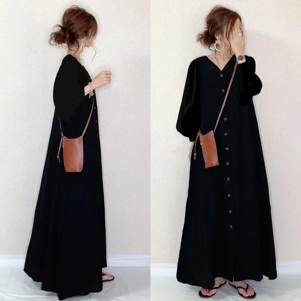 

2021 Dresses For Women New Spring Autumn Black Casual Simple Button Long Sleeve Loose Japan Simple Fashion Lady V-neck Dress
