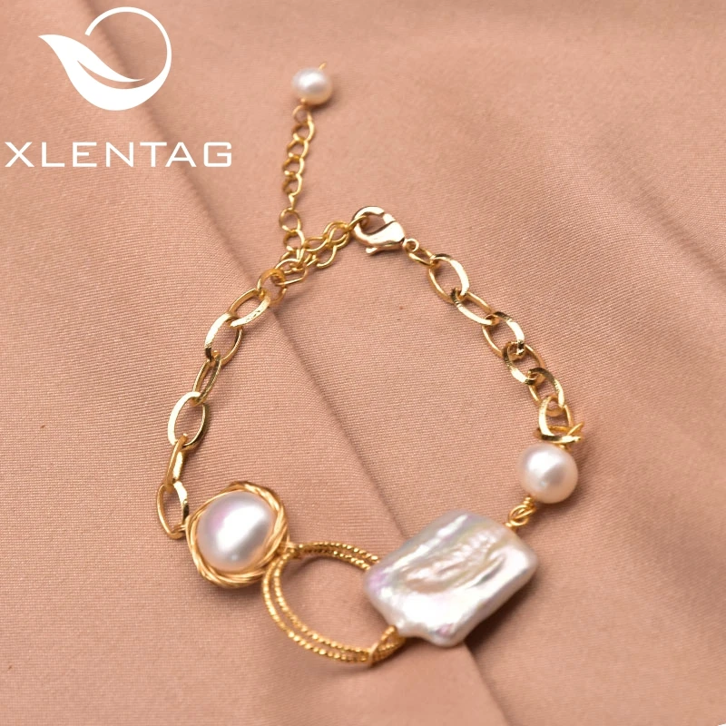 

Xlentag Metal Geometric Baroque Natural Pearl 18K Gold Plated Brass Bracelet Women Holiday Luxury Exquisite Gift Jewelry GB0973