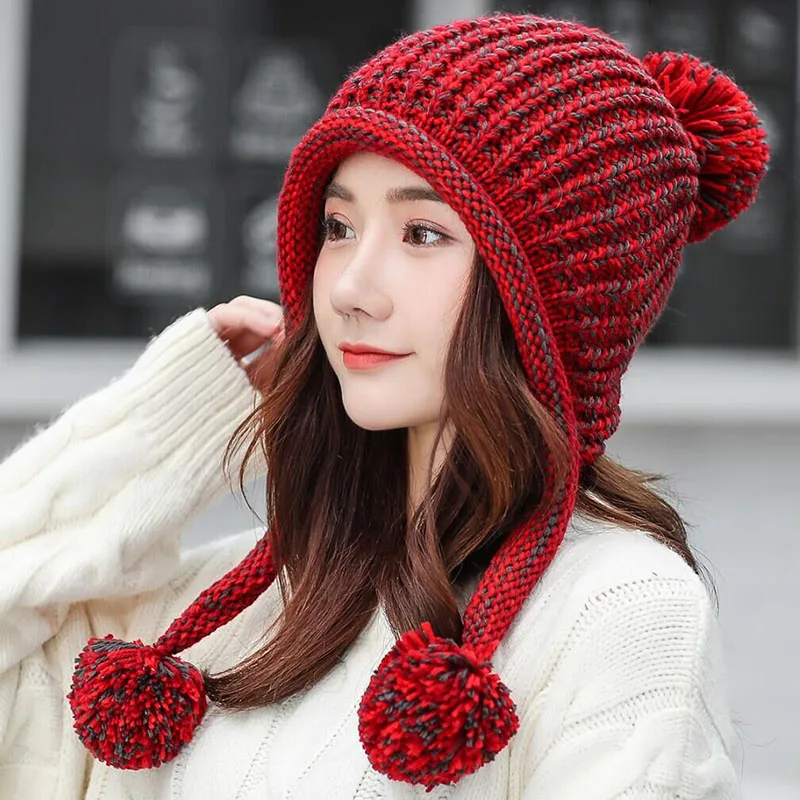 Толстые женские вязаные утепленные шапочки для девочек шерсть зимняя шапка с