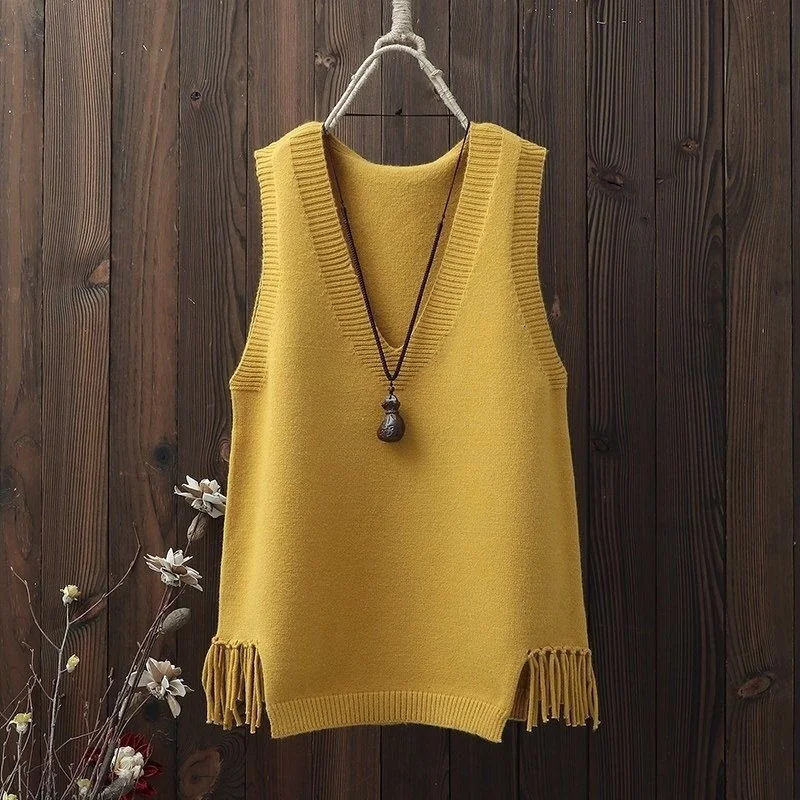 

V-neck Sweater Vest Women Casual Loose Fringed Student Knitted Halter Korean Version of The Wild 2021 Spring Jumper Girl