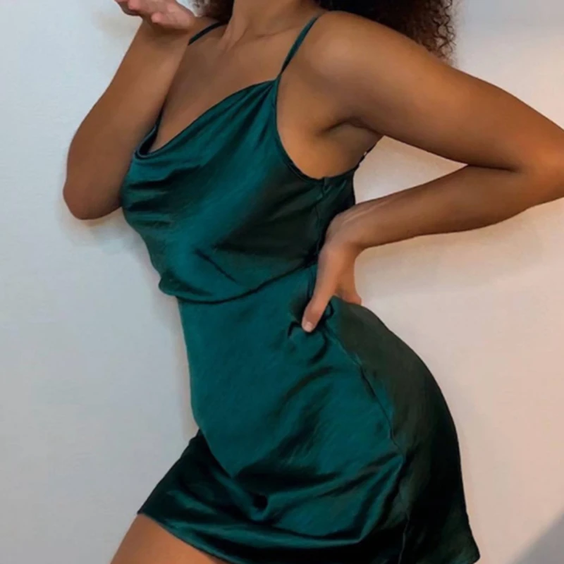 

Sexy White Satin Party Dress Night Club Women Sleeveless Summer Bodycon Dress Female Spaghetti Strap Vintage Mini Dress