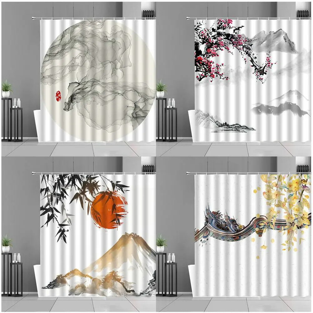 

Chinese Style Shower Curtain Ink Painting Art Bathroom Hanging Curtains Home Decor Bath Screen Waterproof Polyester With Hooks