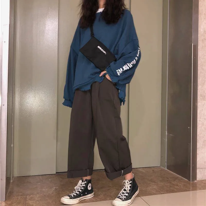 

Cool Autumn Bottom Korean Pants Black High Waist Loose Pants Streetwear Female Casual Pants Lasdies Patchwork Pencil Sweatpants