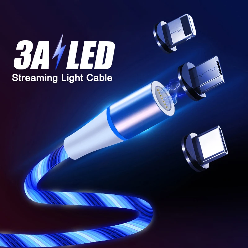 

Magnetic Charging Mobile Phone Cable USB Type C Cable Microusb Flow Luminous Magnetic Charger Cables Glow LED Lighting Data Wire