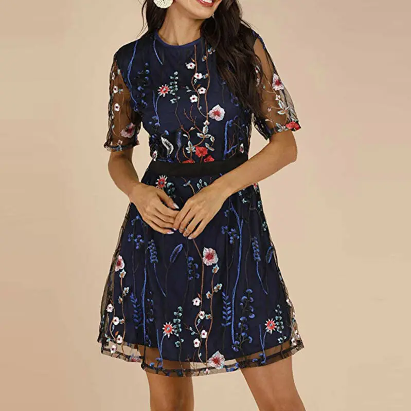 2020 Новое модное женское Сетчатое мини-платье с цветочной вышивкой элегантное