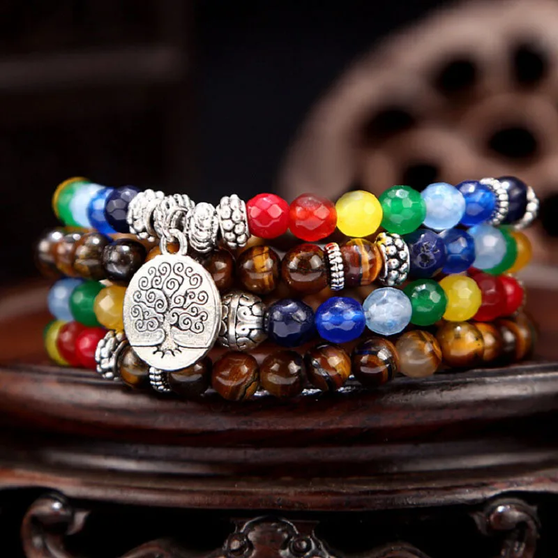 

Fashion 6mm Natural Tiger Eye Beads Energy Chakras Bracelet 108 Mala Bracelet Tree of Life Charm Yoga Gift Wholesale Jewelry
