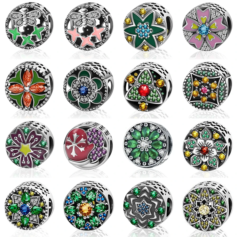 

New 100% 925 Silver Charms Round Hollow Bracelet Carving Green & Pink Butterfly Zircon Gift Beads for Jewelry Gift Wholesale