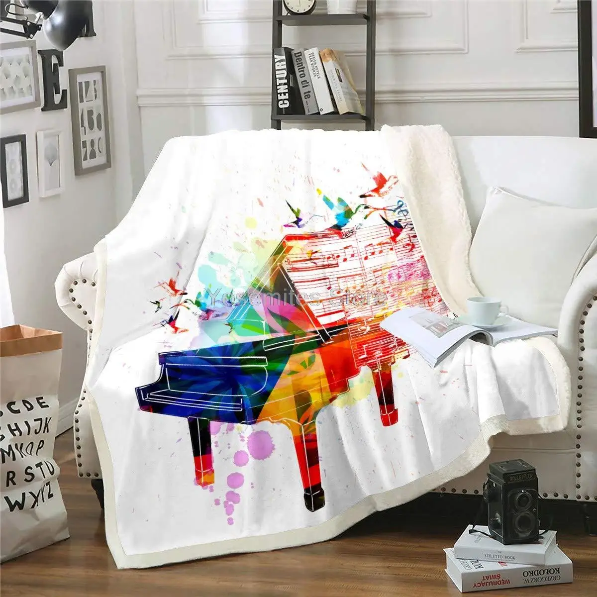 

Piano Fleece Throw Blanket Colorful Piano Design with Flying Hummingbirds Clef and Notes Melody Sherpa Blanket Room Decorative P