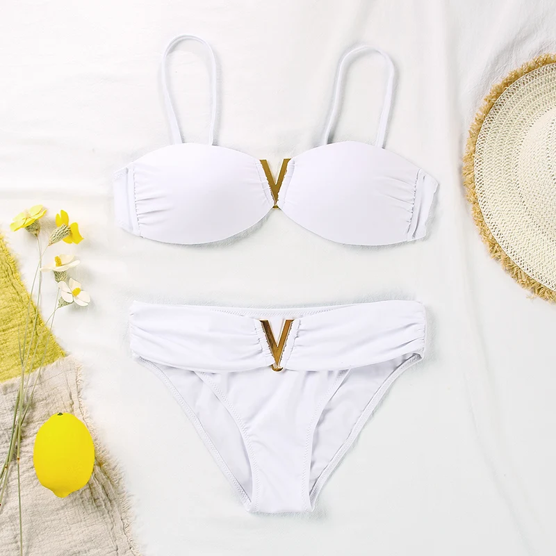 

Sexy Bikini Push Up Solid Swimsuit Female Bikinis String Bathing Suit Women Swimwear Bandaeu V Neck Biquini 2020 Bikini Set