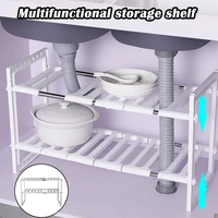 retractable kitchen shelf organiser floor type adjustable extendable double layer dishes storage rack under sink multifunction s