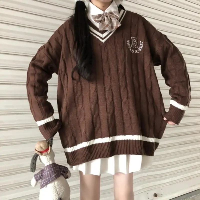 

2020 Winter Oversized JK Pullovers Sweaters Women Japanese Preppy Style Embroidery Knitted Sweater Kawaii Cute Sweet Jumper Coat