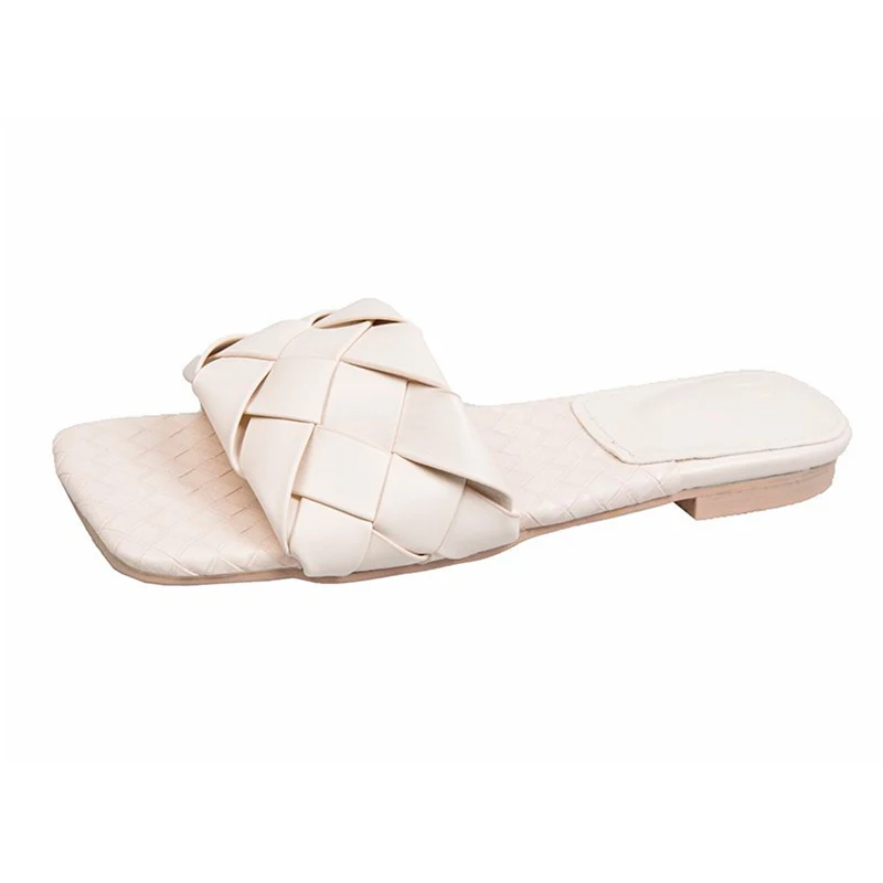 

2021 Ladies PU Learher Weave Slippers Square Toe Women's Sexy Flat Sandals Fashion Slip On Women Peep Shoe Female Footwear New