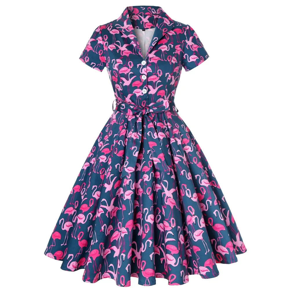 

Flamingo Vintage Women Midi Dress Short Sleeve 50s Runway Rockabilly Vestido High Waist Casual Swing Print Jurken V-neck Dresses