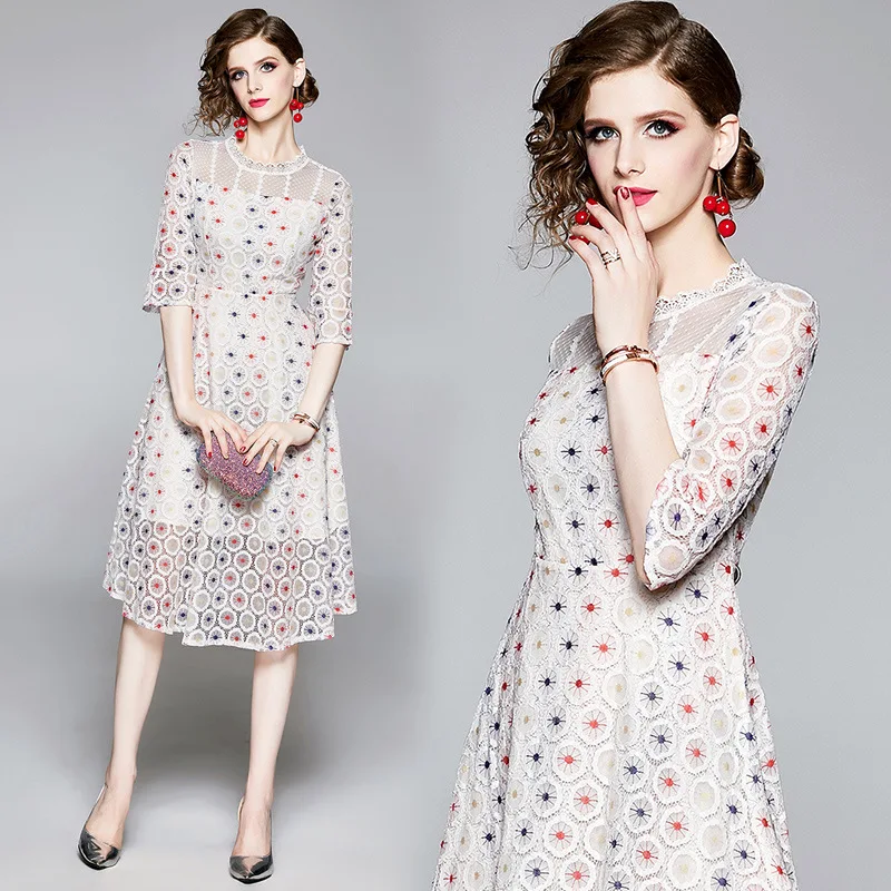 Женское кружевное ажурное платье весенне-летние белые дамские платья средней