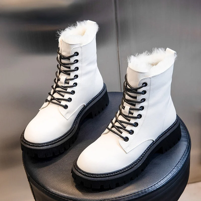 

Women's Winter Snow Boots Genuine Wool Warm 2021 New Genuine Leather Motorcycle Boots Women Thick-soled Ankle Boots Women