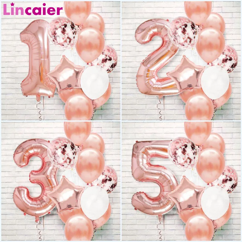 

12pcs Rose Gold Number Foil Balloons Birthday Party Decoration Kids 1st First Baby Girl Princess 1 2 3 4 5 6 7 8 9 Years Old