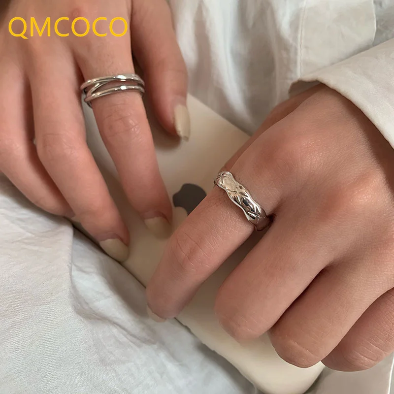 

QMCOCO Simple Silver Color Rings Trend Hip-Hop Vintage Multilayer Line Geometry Ring Party Jewelry For Woman Gifts