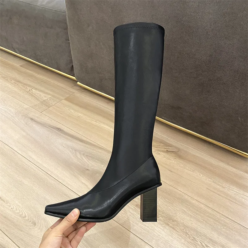 

ANNYMOLI Women Knee High Boots Shoes Zip High Heel Boots Ladies Square Toe Chunky Heels Long Boots Female Autumn Winter Beige 40