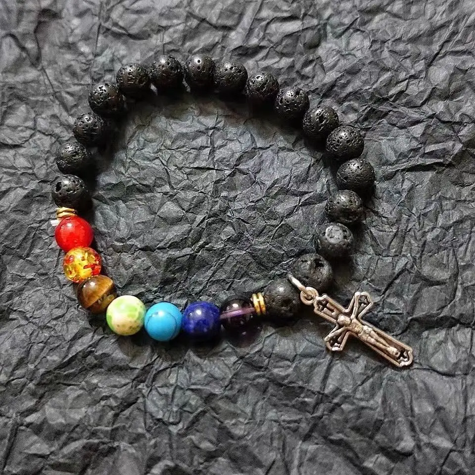 

New Retro Volcanic Rock Beaded Bracelet Seven Star Transit Bead Cross Bracelet Fashion Jewelry Accessories