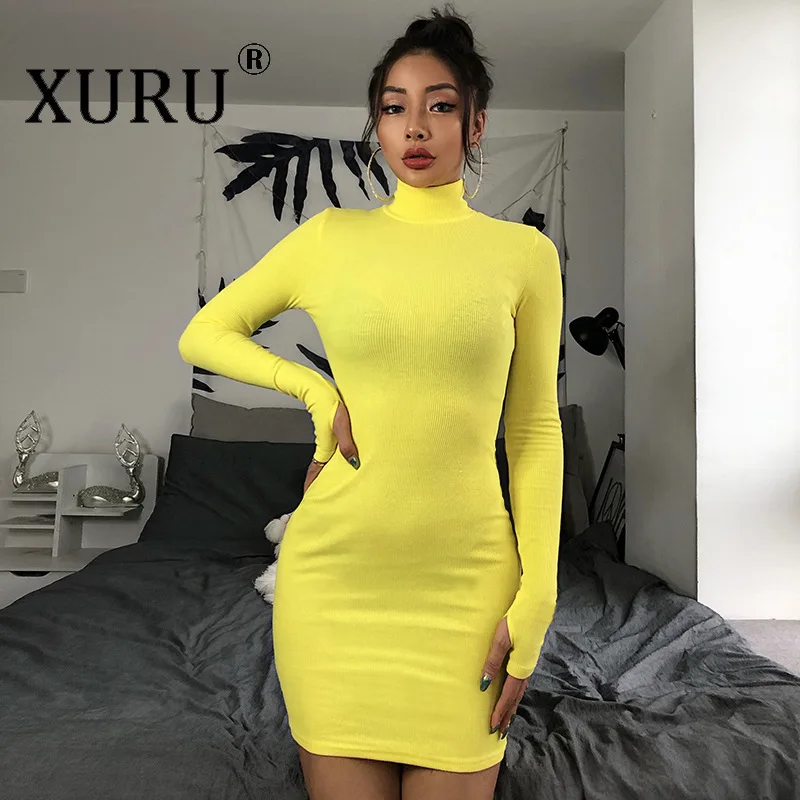 

XURU Slim Pack Hip Sexy High Neck Dress Women Europe and America Autumn Hot Long Sleeve Body Dress