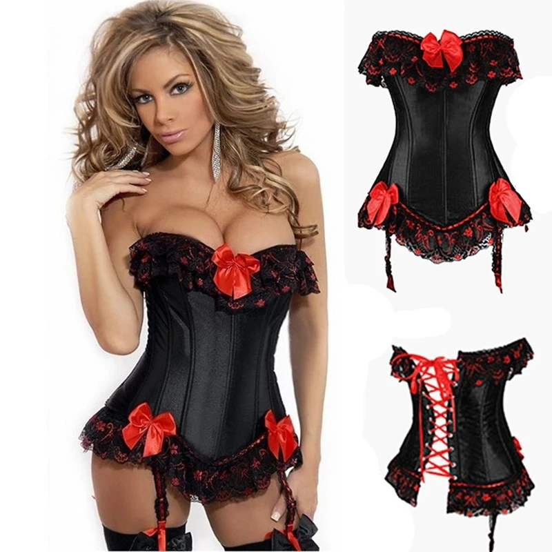

2022 New Sexy Women Black Burlesque Lace Satin Red Bow Corsets + G-string Size S-6XL