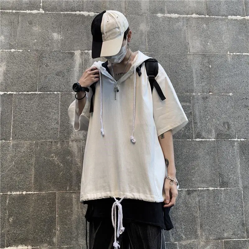 

Quality Hip Hop Solid Hooded Summer T Shirt Short Sleeve Cool Fashion Men Top Trend teen student school Oversized Streetwear new
