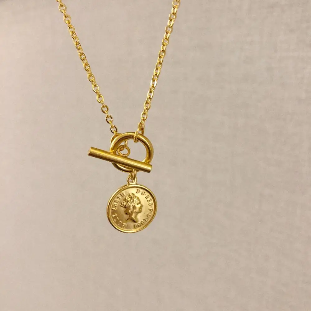 Титановые ожерелья с 18K золотыми цепочками OT Geo Queen Coins Женские Ювелирные изделия в