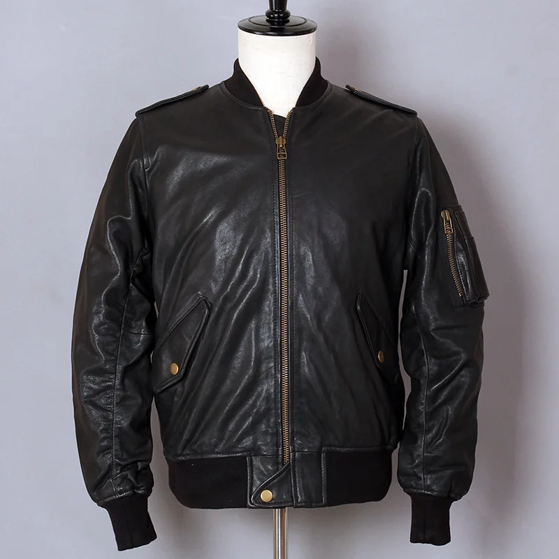 

AVIREX FLY Fashion Flight Jacket Sheepskin Genuine Leather Jacket Men Motorcycle Biker Coat Black Bomber Jacket Baseball uniform