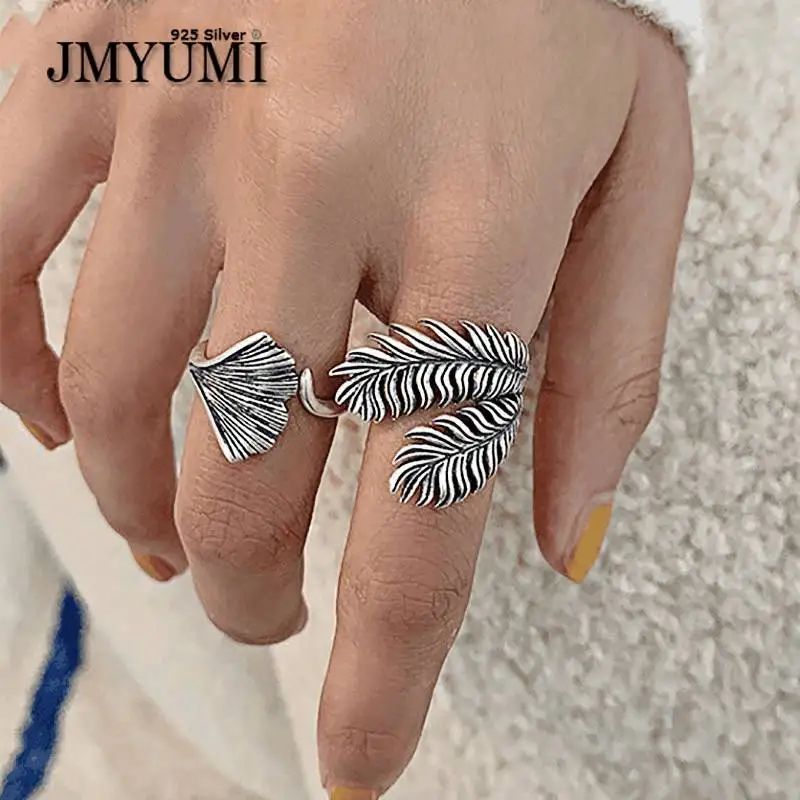 

JMYUMI 925 Sterling Silver Feather Rings Exaggerated Jewelry Creative Vintage Punk Ginkgo Leaves Party Accessories Gifts