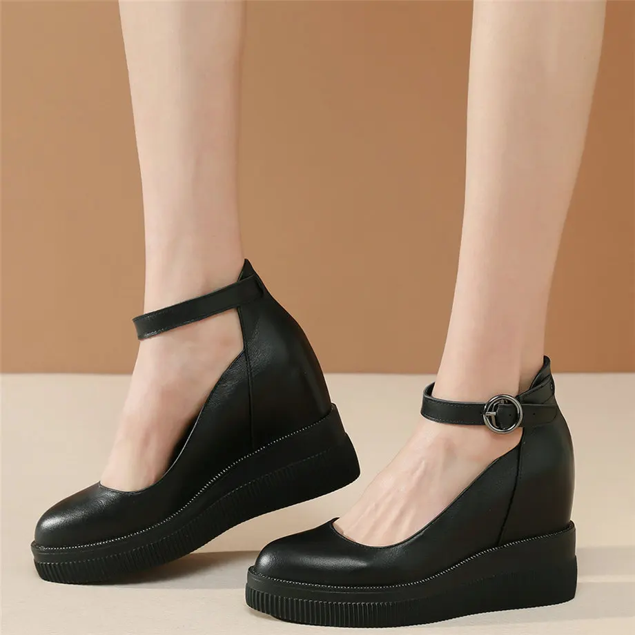 

Ankle Strap Mary Janes Women Genuine Leather Wedges High Heel Pumps Shoes Female Round Toe Platform Oxfords Shoes Casual Shoes