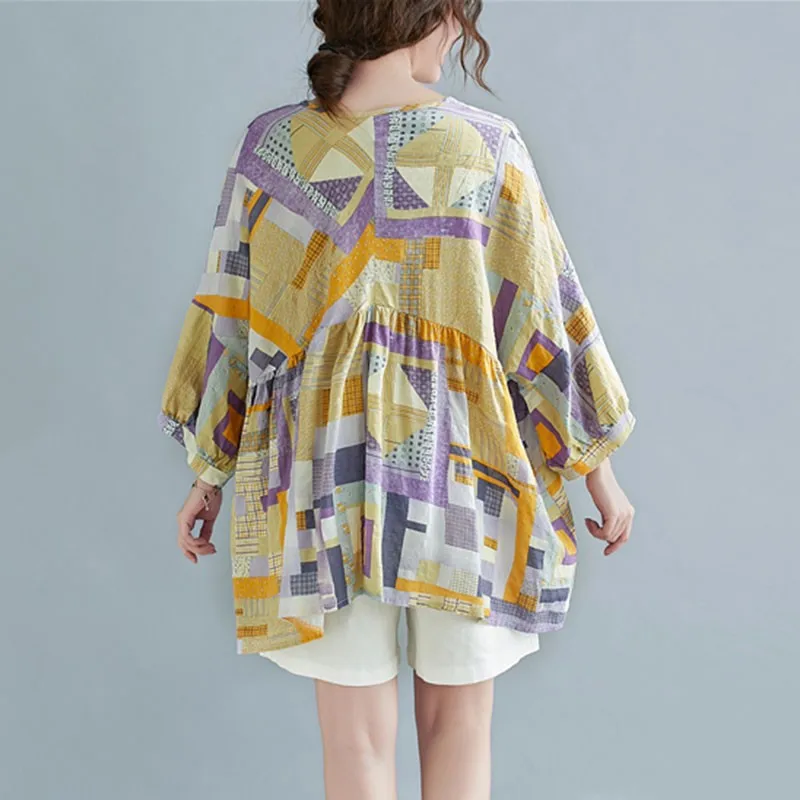 

Oversized Women Loose Casual T-shirts New 2021 Spring Simple Style Vintage Print V-neck Female Cotton Linen Tops Tees S3487