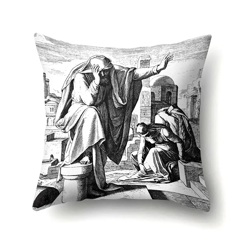 

Religious Single-sided Polyester Pillowcase Bible Jesus Black and White Printed Home Living Room Upholstered Sofa Cushion Cover