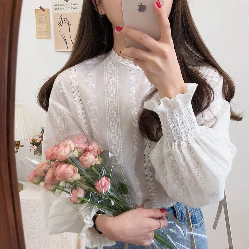 Вышивка кружевная рубашка размера плюс весна женское платье с длинным рукавом из