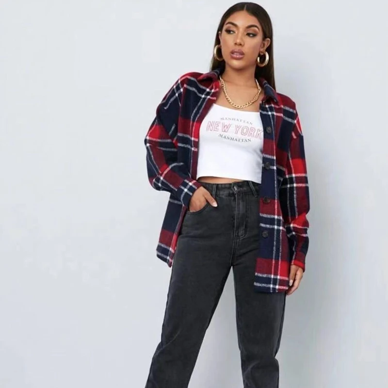 

2021 New Women's Plaid Raw-edge Shirt Loose Fashion Single-breasted Long-sleeved Casual Top