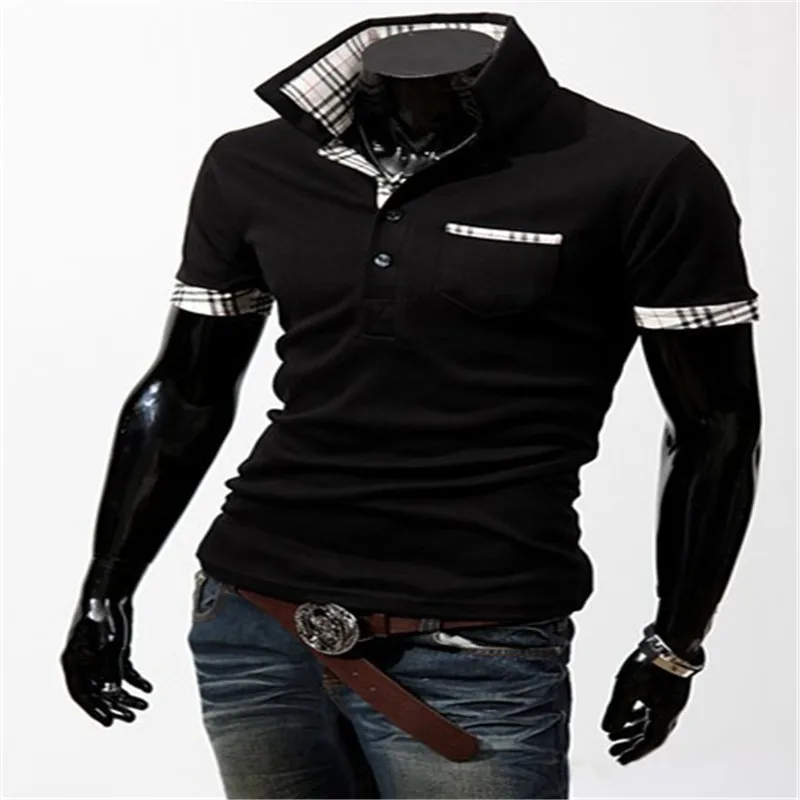 Мужская рубашка поло в клетку с цветными блоками облегающая Лоскутная одежда