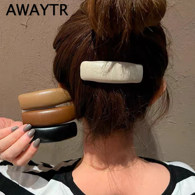 

AWAYTR 1Pc New Fashion PU Leather Hair Clip Sponge Padded Barrette Solid Thick Hairpin Bobby Clip Women Hair Snap Korean Headwea