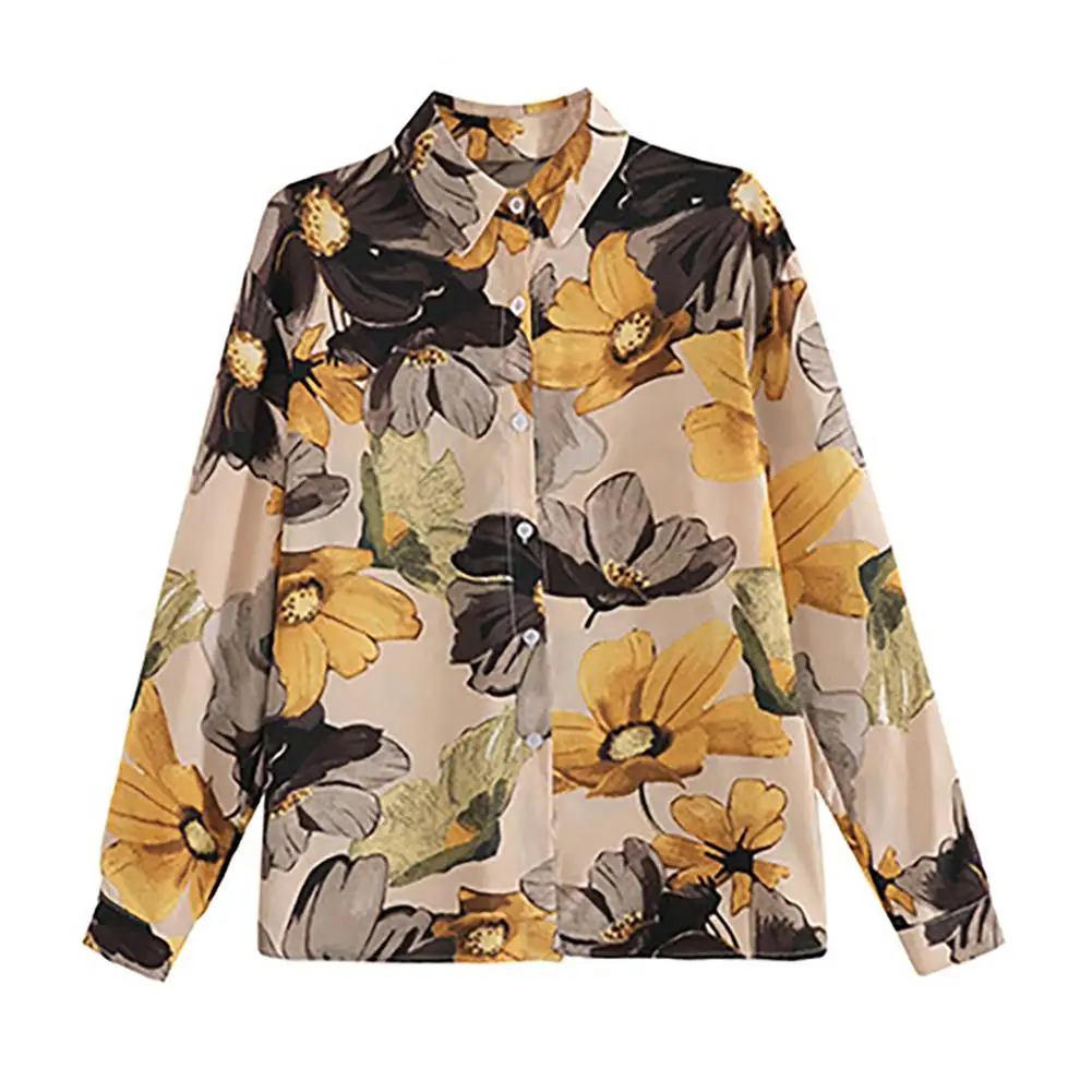 Женская шифоновая блузка с длинным рукавом и отложным воротником цветочным