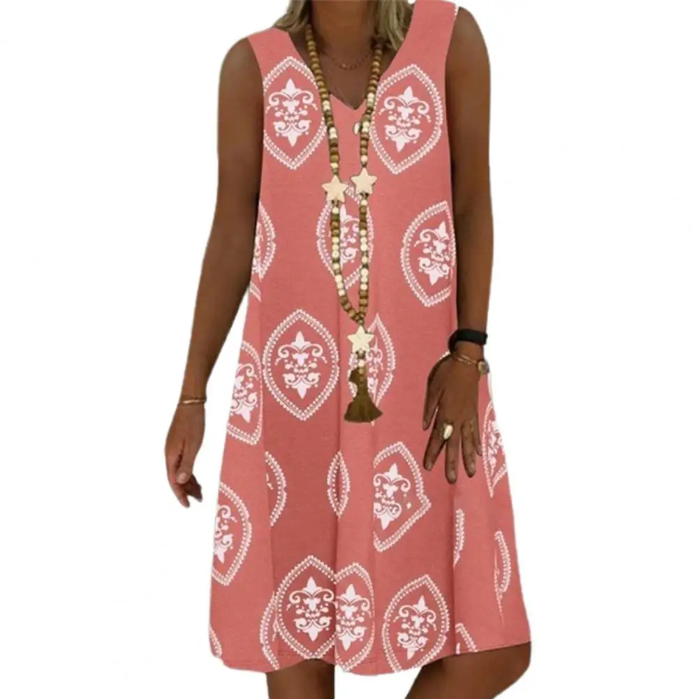 

dresses for women 2021 V Neck Soft Knee Length Ladies Sleeveless Printing Dress for Beach Summer Women's Clothing платье летнее