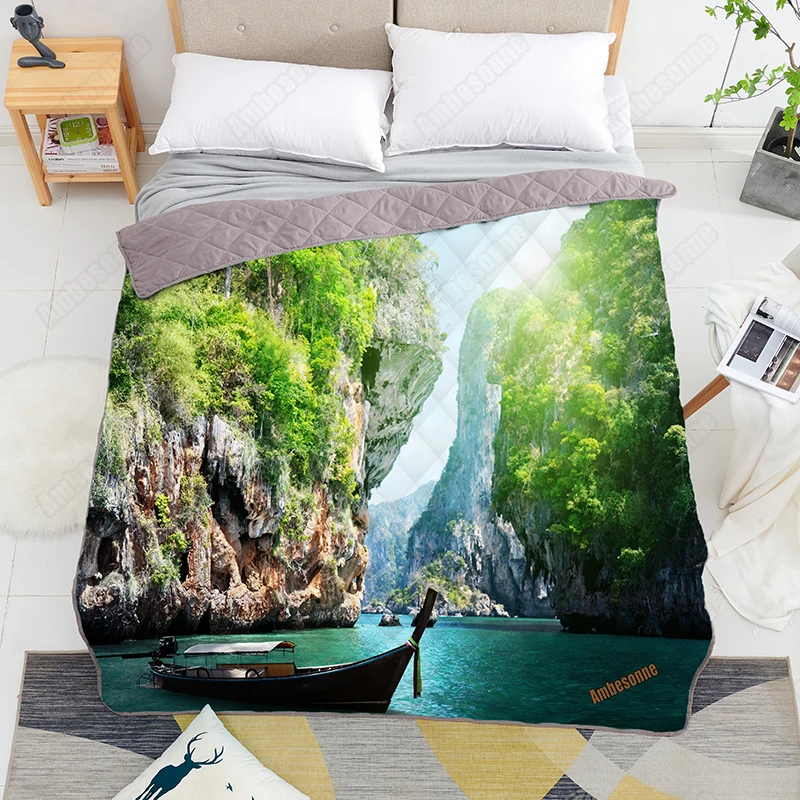 

Long Boat and Rocks on Railay Beach Print on Demand Summer Quilt Kids Adult Quilted Bed Covers and Bedspreads Picnic Quilts