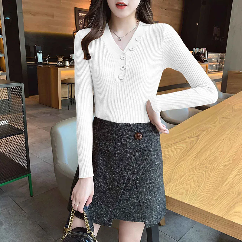 Свитер женский с V-образным вырезом на пуговицах Осень-зима 2020 теплый свитер