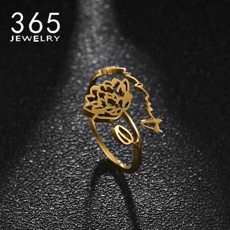 

New Arrival Personalized Ring Stainless Steel Month Flower Customized Adjustable Rings For Women Birthday Party Gift Jewelry