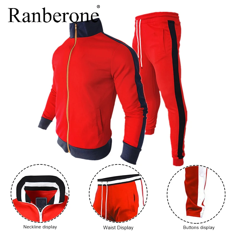 Ranberone 2 Piece Tracksuit Men Stand Up Collar Sweater Matching Jackets + Stripe Slim Casual Legging Sports Men's Sportswear