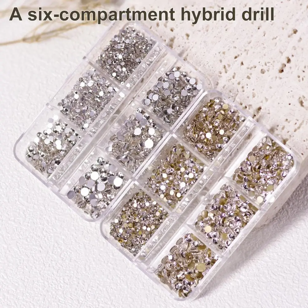 

6 Grids/Box 1688Pcs Fingernail Ornament DIY Decorative Glass Nail Art Accessories Super Flash Rhinestone for Personal Use