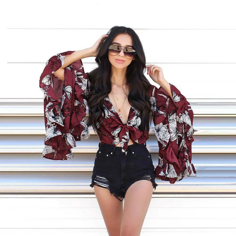 

Women Sexy Bandage Summer T-shirt Tops Blouse Short Casual Beach Coverup Sun Top