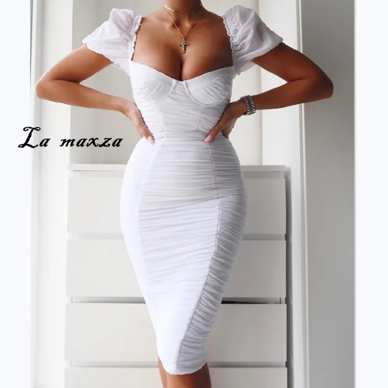 Лето 2020 женское облегающее платье миди модное сексуальное с квадратным