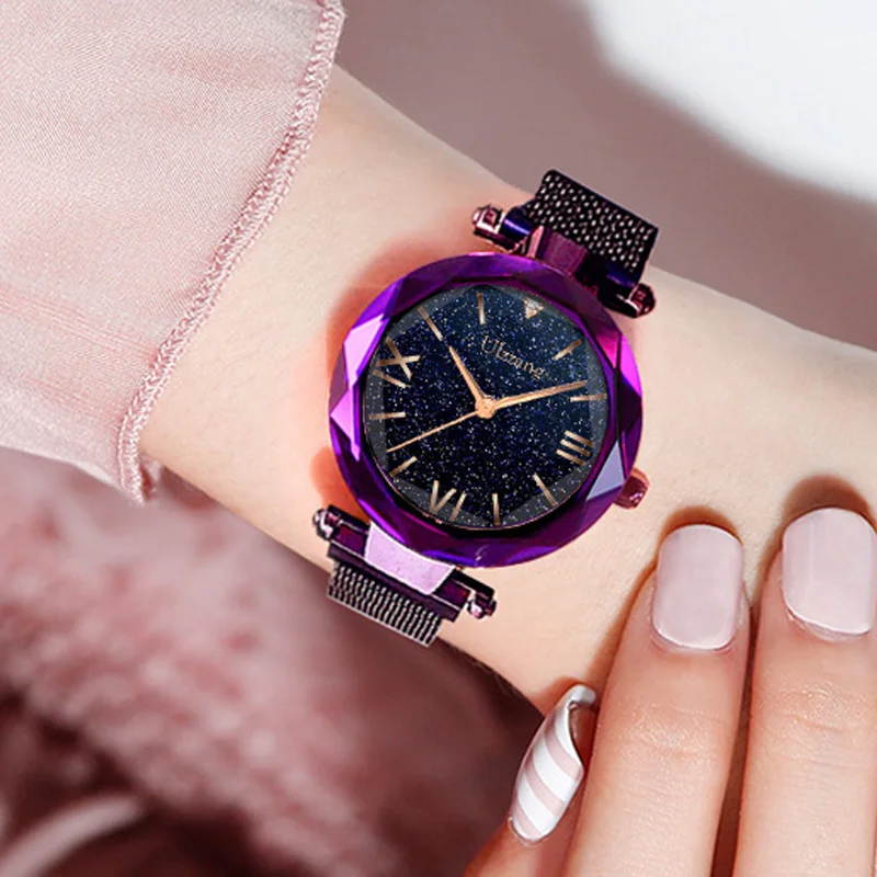 Модные фиолетовые женские часы розовые золотые черные удобные с магнитной